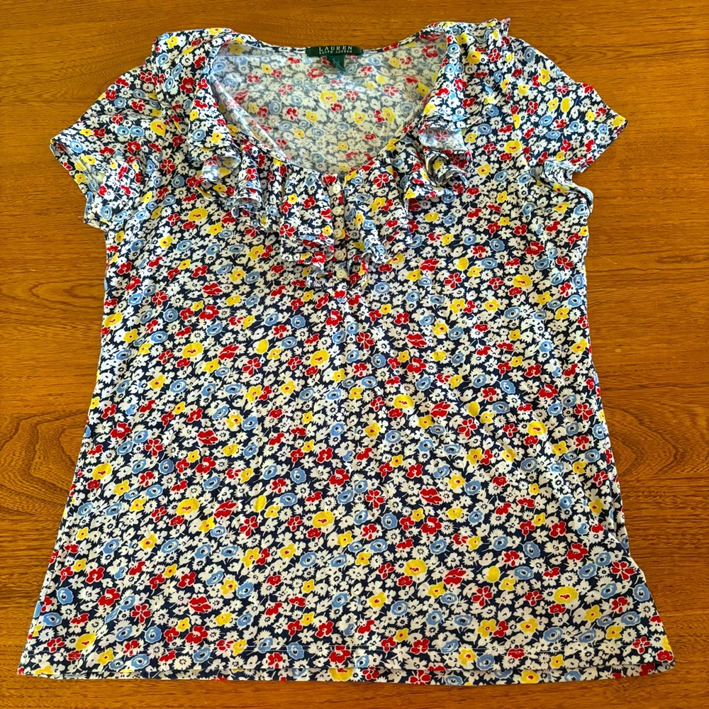 Lauren Ralph Lauren Floral Shirt 100% Cotton Buttons Ruffle Neck Short Sleeve L